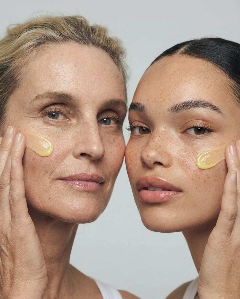 Two women with Rest Religion serum on their cheeks
